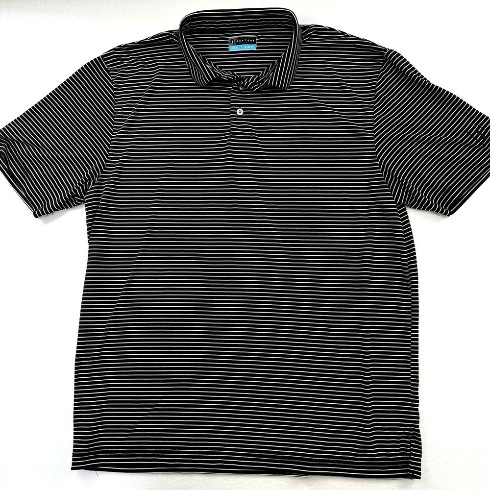 PGA Tour Men XL Golf Polo Shirt Black White Micro Stripe Short Sleeve Activewear